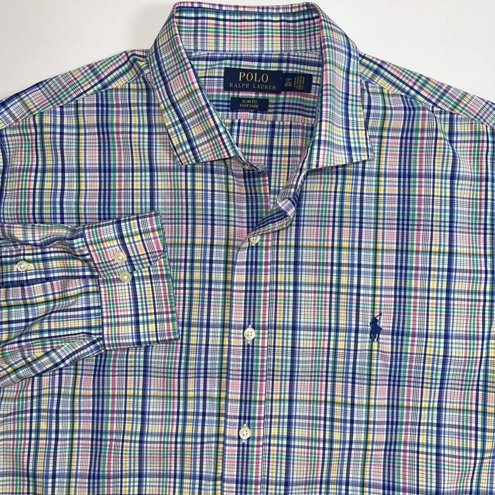 Polo‎ Ralph Lauren Slim Mens 17.5/32-33 Easter Colors Plaid Pony Button Up Shirt